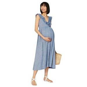 HATCH Dress Women's Maternity Size XS Steel Blue Crinkle Gauze Ruffles The Sarah